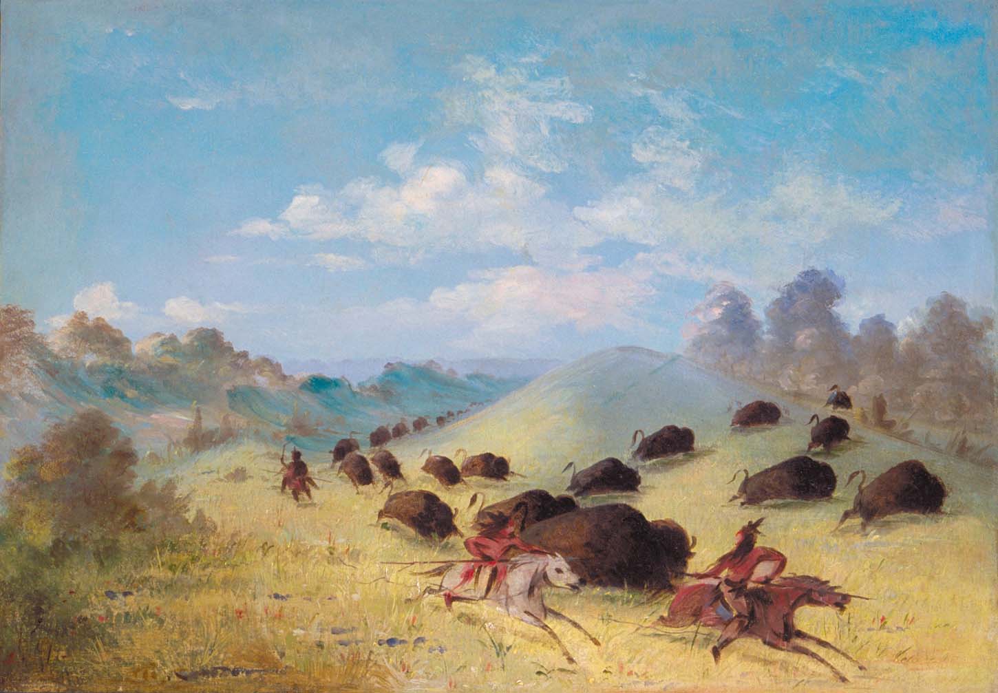 Catlin’s depiction of Comanche hunters using lances and bows, 1846–1848.