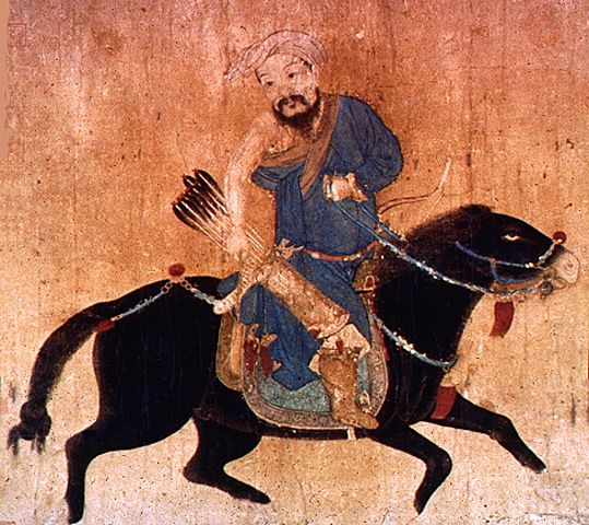 A historical painting of a Mongol mounted archer