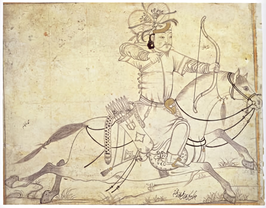 A Timurid drawing of a mounted archer with bow drawn, galloping to the right